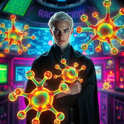 Draco Malfoy standing confidently in a mystical laboratory filled with vibrant colors and intricate details