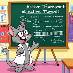 A cartoon cat resembling a playful grey tabby named Tom, enthusiastically explaining active transport in a colorful classroom setting