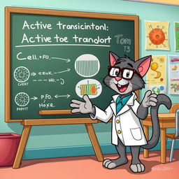 A cartoon cat resembling a playful grey tabby named Tom, enthusiastically explaining active transport in a colorful classroom setting