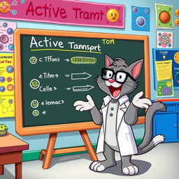 A cartoon cat resembling a playful grey tabby named Tom, enthusiastically explaining active transport in a colorful classroom setting