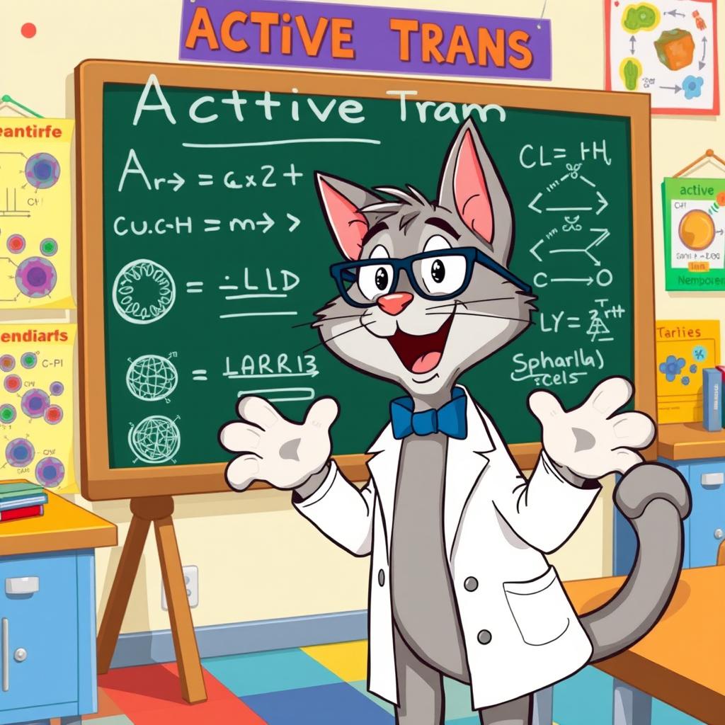 A cartoon cat resembling a playful grey tabby named Tom, enthusiastically explaining active transport in a colorful classroom setting