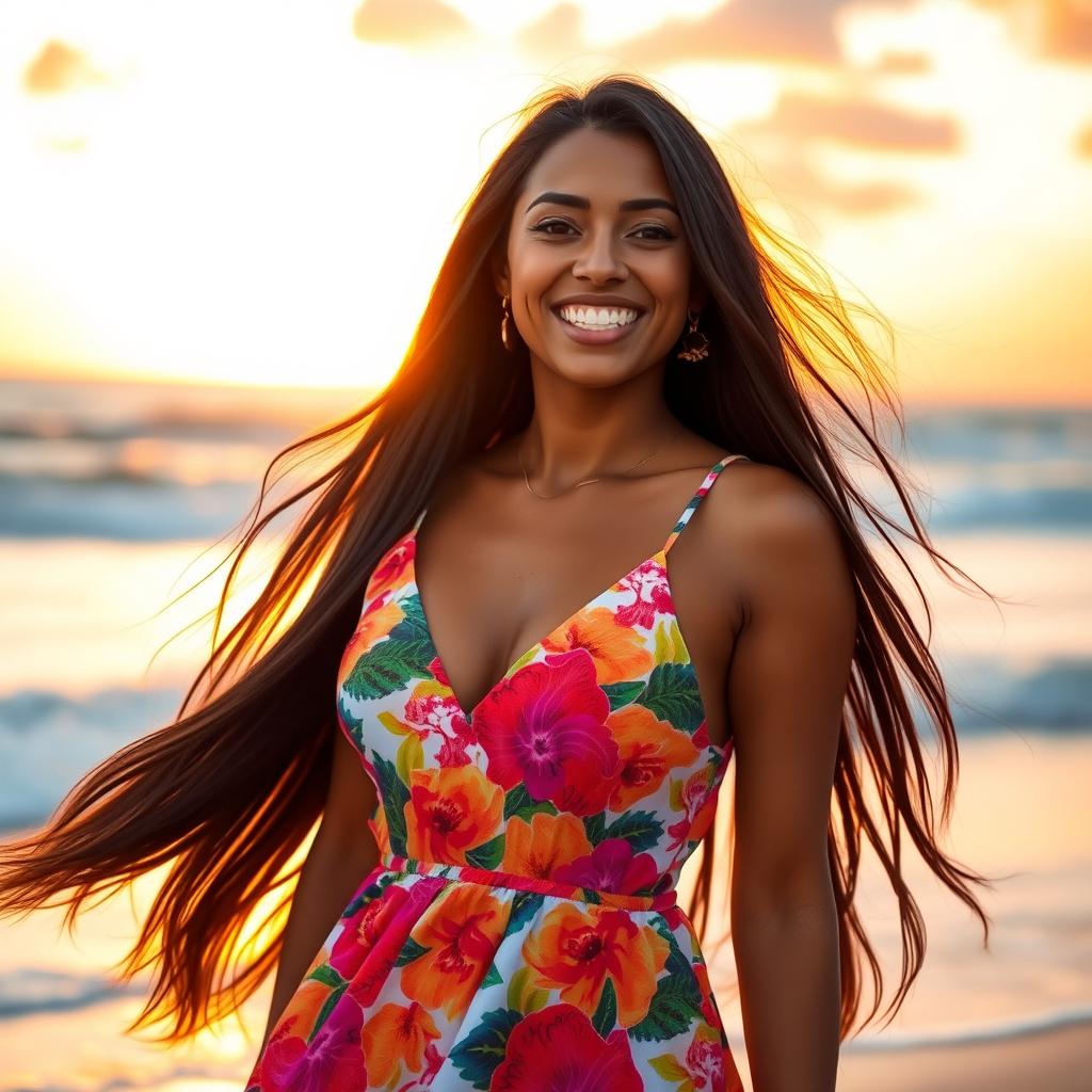 A beautiful Latina woman, with long flowing dark hair and warm brown skin, standing on a beach during sunset