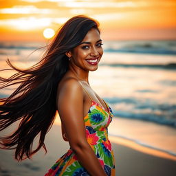 A beautiful Latina woman, with long flowing dark hair and warm brown skin, standing on a beach during sunset