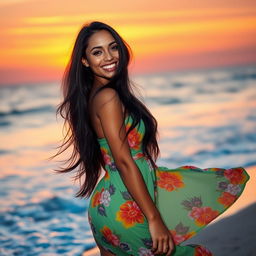 A beautiful Latina woman, with long flowing dark hair and warm brown skin, standing on a beach during sunset