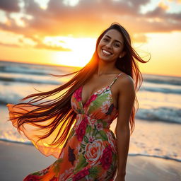 A beautiful Latina woman, with long flowing dark hair and warm brown skin, standing on a beach during sunset