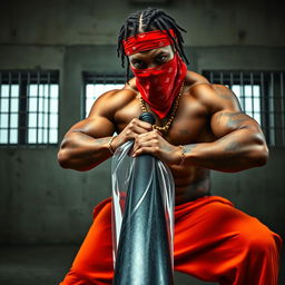 A muscular African American gang member wearing baggy orange pants and a red bandana mask covering his nose and mouth, showcasing a tough and intense expression