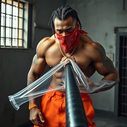 A muscular African American gang member wearing baggy orange pants and a red bandana mask covering his nose and mouth, showcasing a tough and intense expression