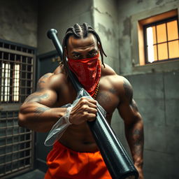 A muscular African American gang member wearing baggy orange pants and a red bandana mask covering his nose and mouth, showcasing a tough and intense expression