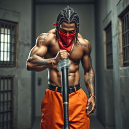 A muscular African American gang member wearing baggy orange pants and a red bandana mask covering his nose and mouth, showcasing a tough and intense expression