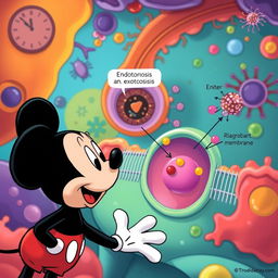 A whimsical and educational scene depicting a cartoon version of Mickey Mouse observing the cellular membrane