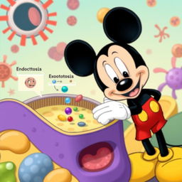 A whimsical and educational scene depicting a cartoon version of Mickey Mouse observing the cellular membrane