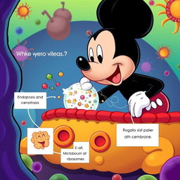 A whimsical and educational scene depicting a cartoon version of Mickey Mouse observing the cellular membrane