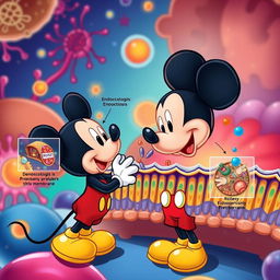 A whimsical and educational scene depicting a cartoon version of Mickey Mouse observing the cellular membrane