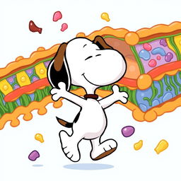 A whimsical cartoon depiction of Snoopy, the beloved beagle from the Peanuts comic strip, playfully surrounded by a colorful and detailed cell membrane