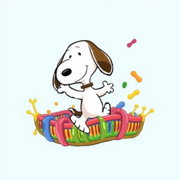 A whimsical cartoon depiction of Snoopy, the beloved beagle from the Peanuts comic strip, playfully surrounded by a colorful and detailed cell membrane