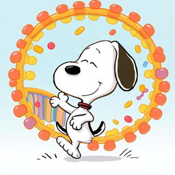 A whimsical cartoon depiction of Snoopy, the beloved beagle from the Peanuts comic strip, playfully surrounded by a colorful and detailed cell membrane