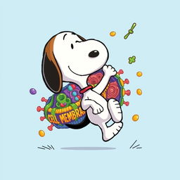 A whimsical cartoon depiction of Snoopy, the beloved beagle from the Peanuts comic strip, playfully surrounded by a colorful and detailed cell membrane