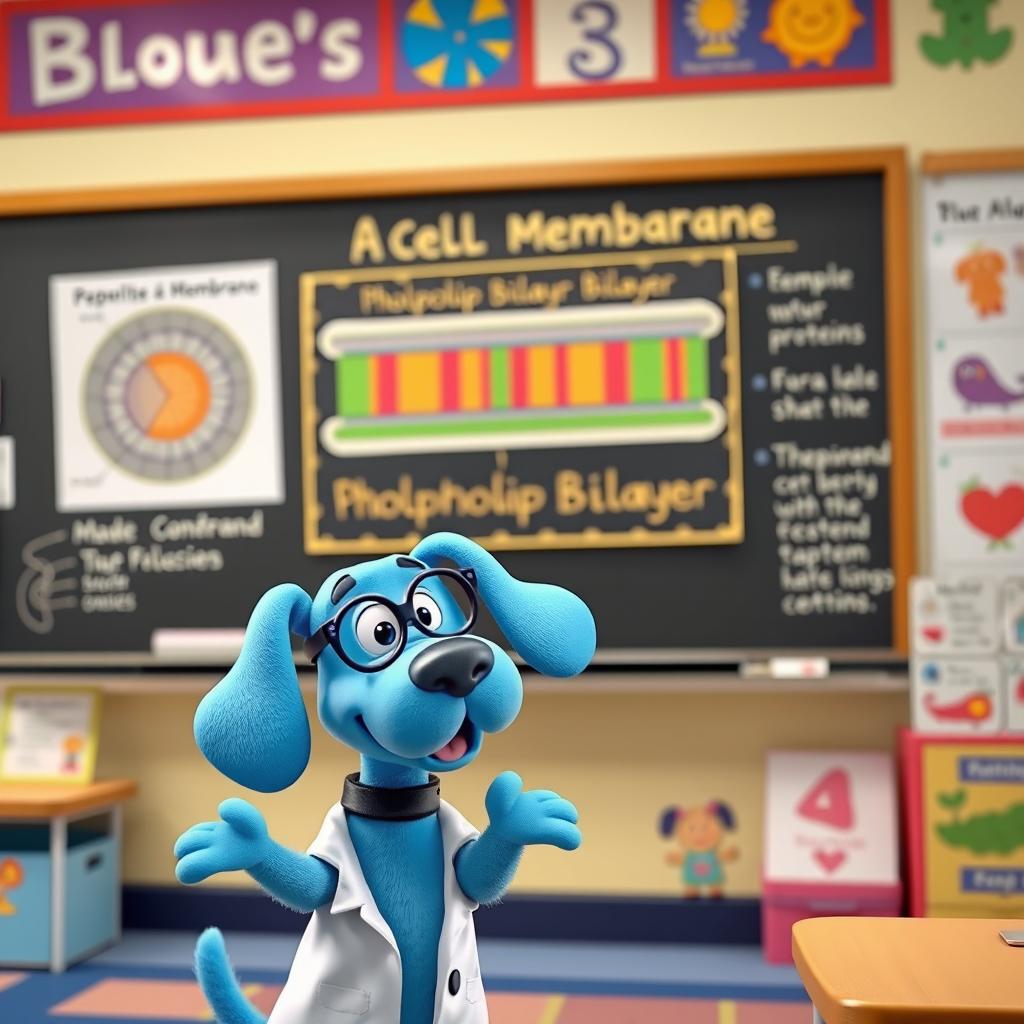 Blue, the animated blue dog from 'Blue's Clues', standing in front of a colorful classroom, excitedly teaching about a cell membrane