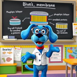 Blue, the animated blue dog from 'Blue's Clues', standing in front of a colorful classroom, excitedly teaching about a cell membrane