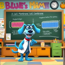 Blue, the animated blue dog from 'Blue's Clues', standing in front of a colorful classroom, excitedly teaching about a cell membrane