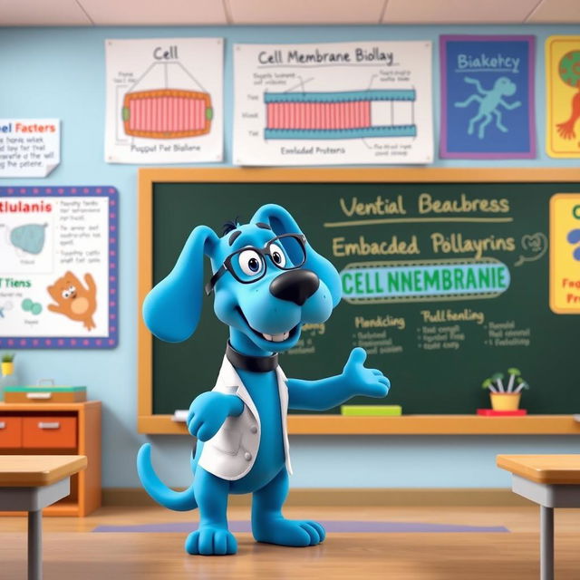 Blue, the animated blue dog from 'Blue's Clues', standing in front of a colorful classroom, excitedly teaching about a cell membrane