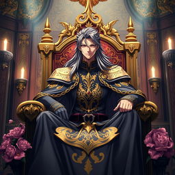 A powerful and commanding anime king sitting on a magnificent throne, adorned in a regal outfit with intricate gold patterns