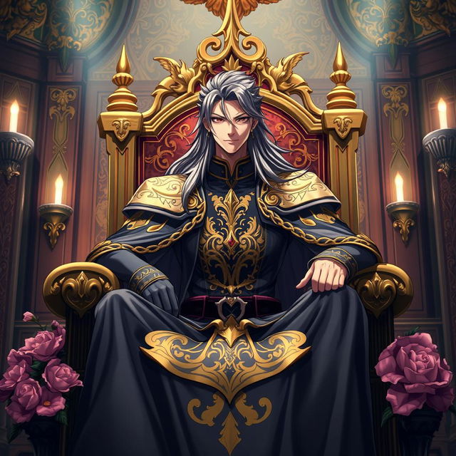 A powerful and commanding anime king sitting on a magnificent throne, adorned in a regal outfit with intricate gold patterns