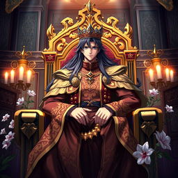 A powerful and commanding anime king sitting on a magnificent throne, adorned in a regal outfit with intricate gold patterns