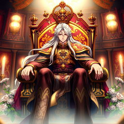 A powerful and commanding anime king sitting on a magnificent throne, adorned in a regal outfit with intricate gold patterns