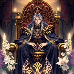 A powerful and commanding anime king sitting on a magnificent throne, adorned in a regal outfit with intricate gold patterns