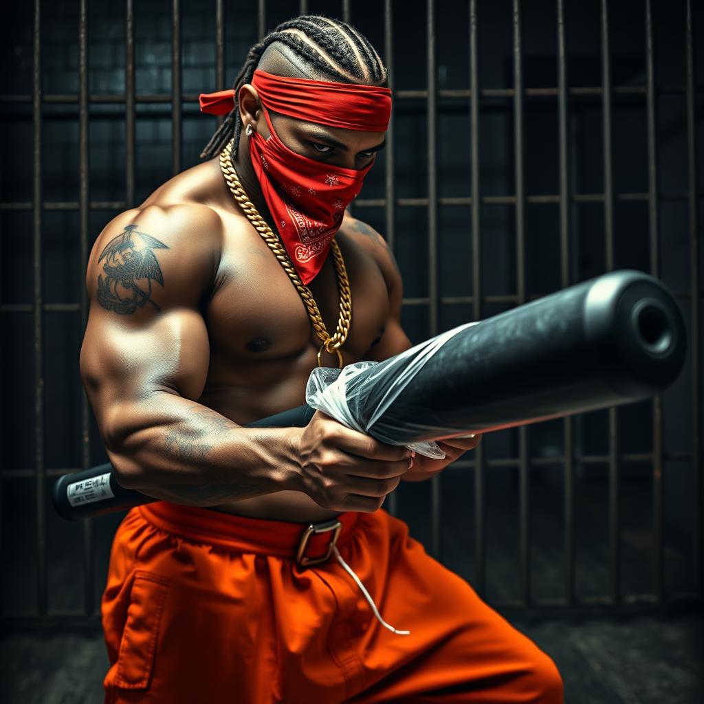 A muscular African American gang member dressed in baggy orange pants with a red bandana mask covering his nose and mouth