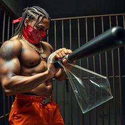 A muscular African American gang member dressed in baggy orange pants with a red bandana mask covering his nose and mouth