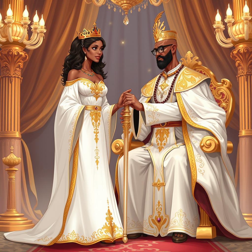 An illustration of a bronzed-skinned queen dressed in flowing white robes adorned with intricate golden detailing