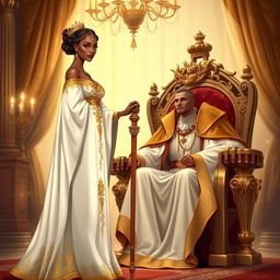 An illustration of a bronzed-skinned queen dressed in flowing white robes adorned with intricate golden detailing