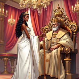 An illustration of a bronzed-skinned queen dressed in flowing white robes adorned with intricate golden detailing