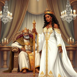 An illustration of a bronzed-skinned queen dressed in flowing white robes adorned with intricate golden detailing