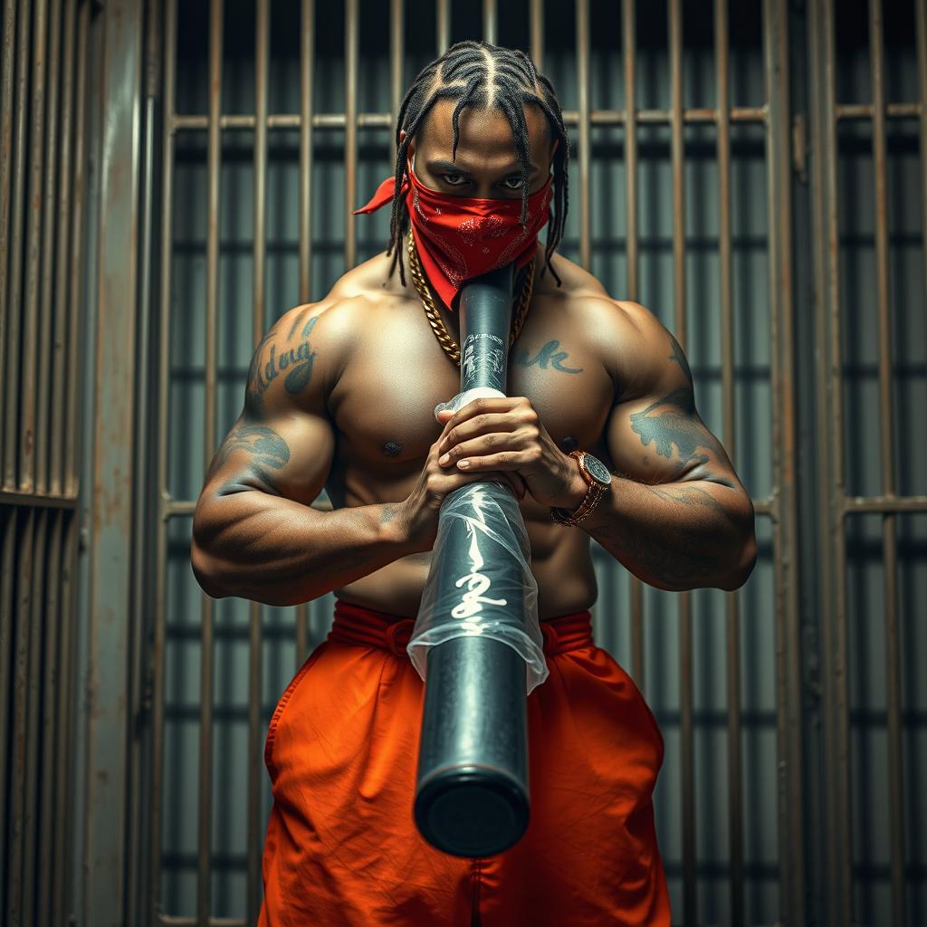 A muscular African American gang member in a prison cell, wearing baggy orange pants and a red bandana mask covering his nose and mouth