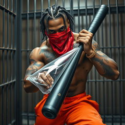 A muscular African American gang member in a prison cell, wearing baggy orange pants and a red bandana mask covering his nose and mouth