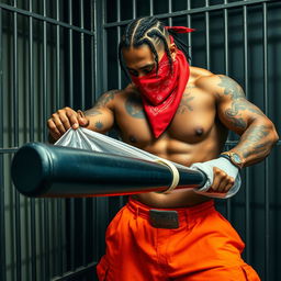 A muscular African American gang member in a prison cell, wearing baggy orange pants and a red bandana mask covering his nose and mouth