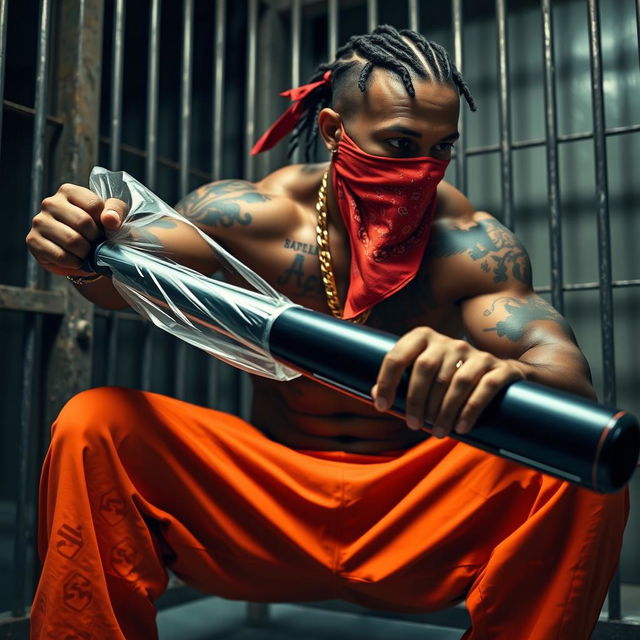 A muscular African American gang member in a prison cell, wearing baggy orange pants and a red bandana mask covering his nose and mouth