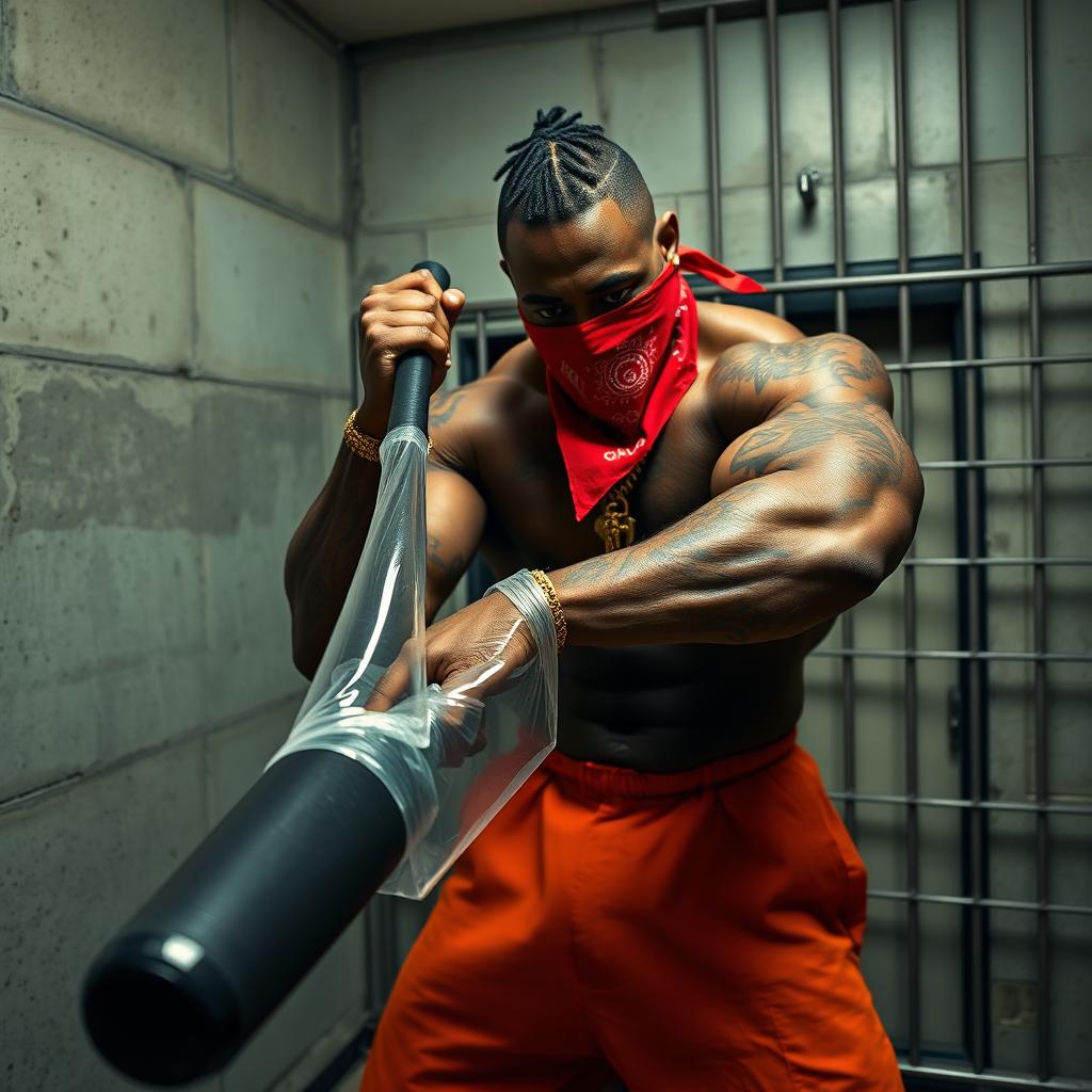 A muscular African American gang member inside a prison cell, dressed in baggy orange pants and wearing a red bandana as a mask covering his nose and mouth