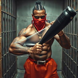 A muscular African American gang member inside a prison cell, dressed in baggy orange pants and wearing a red bandana as a mask covering his nose and mouth