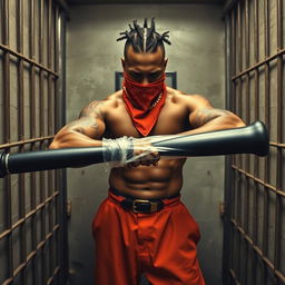 A muscular African American gang member inside a prison cell, dressed in baggy orange pants and wearing a red bandana as a mask covering his nose and mouth