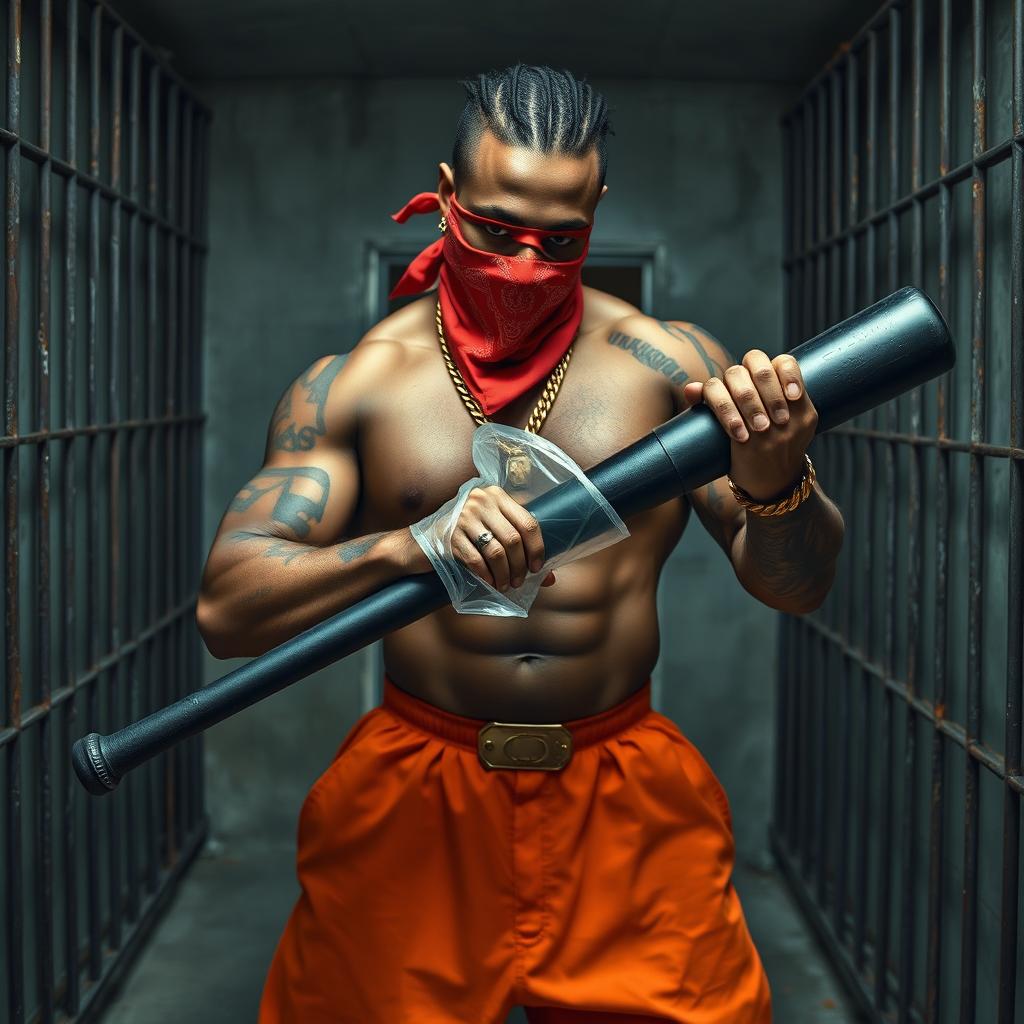 A muscular African American gang member inside a prison cell, dressed in baggy orange pants and wearing a red bandana as a mask covering his nose and mouth