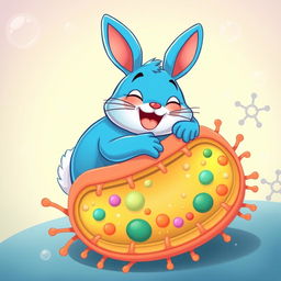 A whimsical cartoon depicting a large, friendly blue bunny (bost bunny) joyfully hugging a vibrant and detailed cell membrane