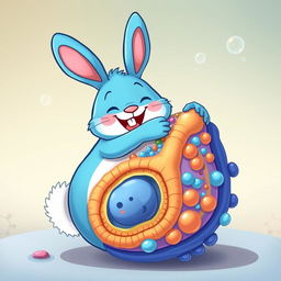 A whimsical cartoon depicting a large, friendly blue bunny (bost bunny) joyfully hugging a vibrant and detailed cell membrane