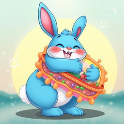 A whimsical cartoon depicting a large, friendly blue bunny (bost bunny) joyfully hugging a vibrant and detailed cell membrane