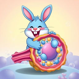 A whimsical cartoon depicting a large, friendly blue bunny (bost bunny) joyfully hugging a vibrant and detailed cell membrane