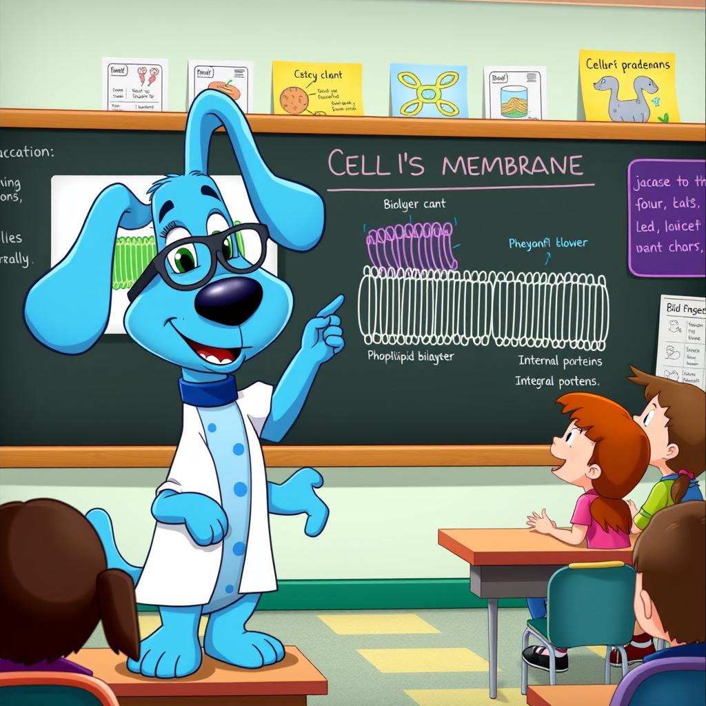 Blue, the enthusiastic animated blue dog from 'Blue's Clues', teaching a class about the cell membrane