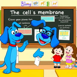 Blue, the enthusiastic animated blue dog from 'Blue's Clues', teaching a class about the cell membrane